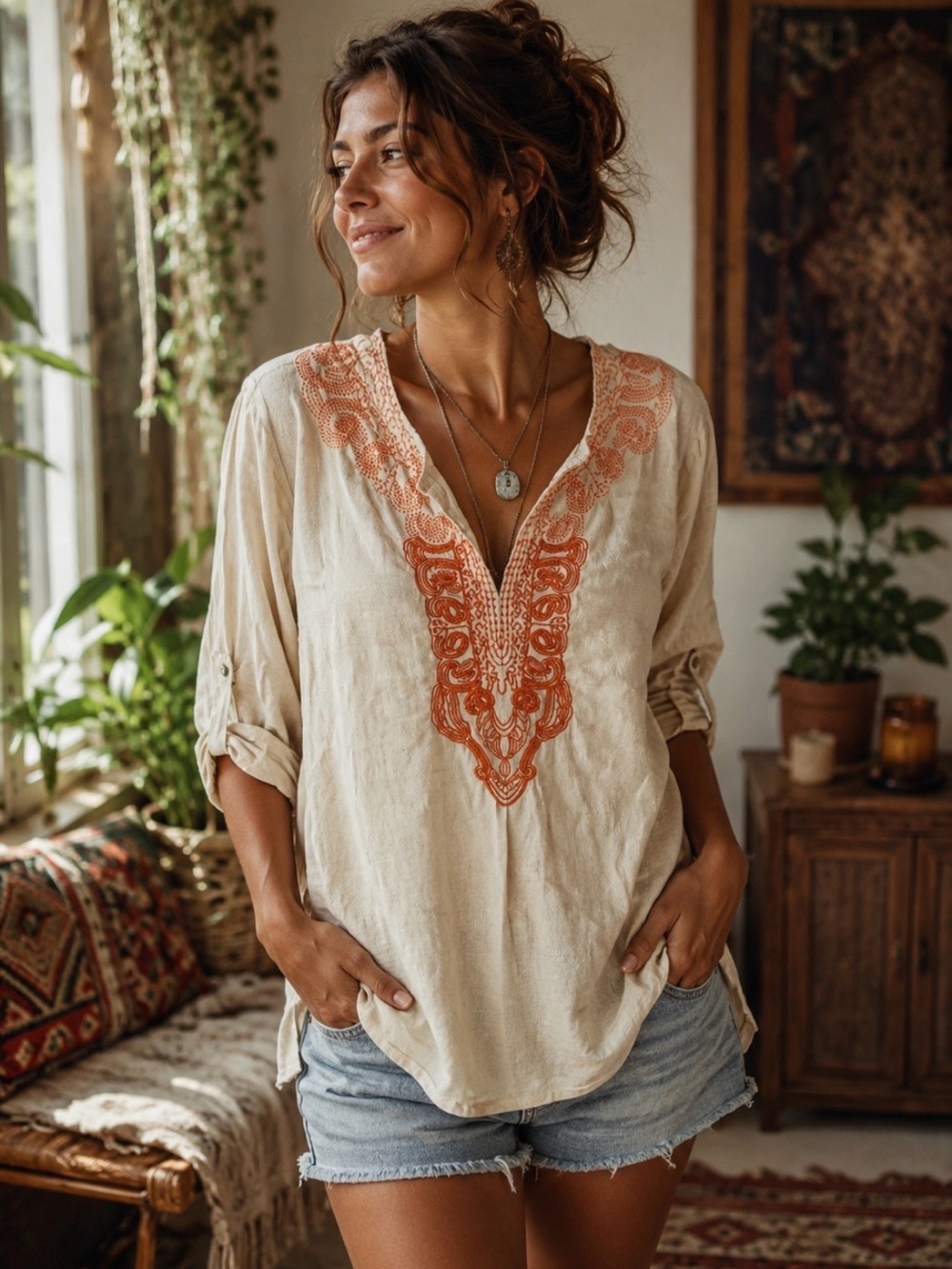 Cream Tunic Top with Coral Embroidered V-Neck Symple NYC 100% Linen Large